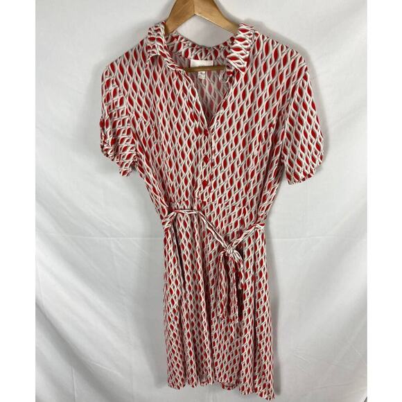 Kenar Red White Patterned short Sleeve Belted Dress Size 12 - Picture 1 of 3